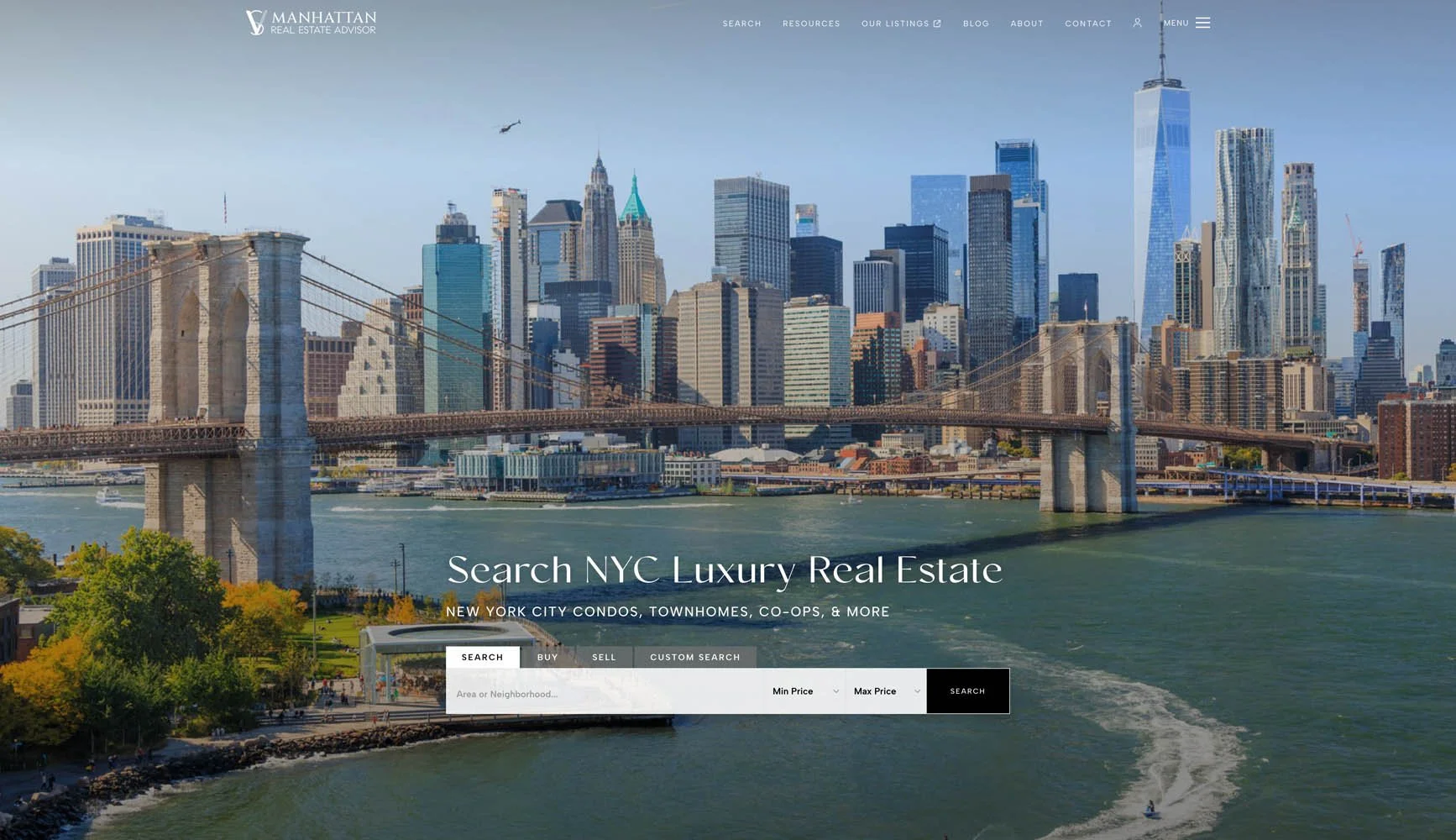 Manhattan Real Estate Advisor homepage hero with NYC luxury real estate search